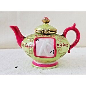 Libra tea pot Trinket jewelry Box "sept 23 - oct 23" balance pink‎ green gold